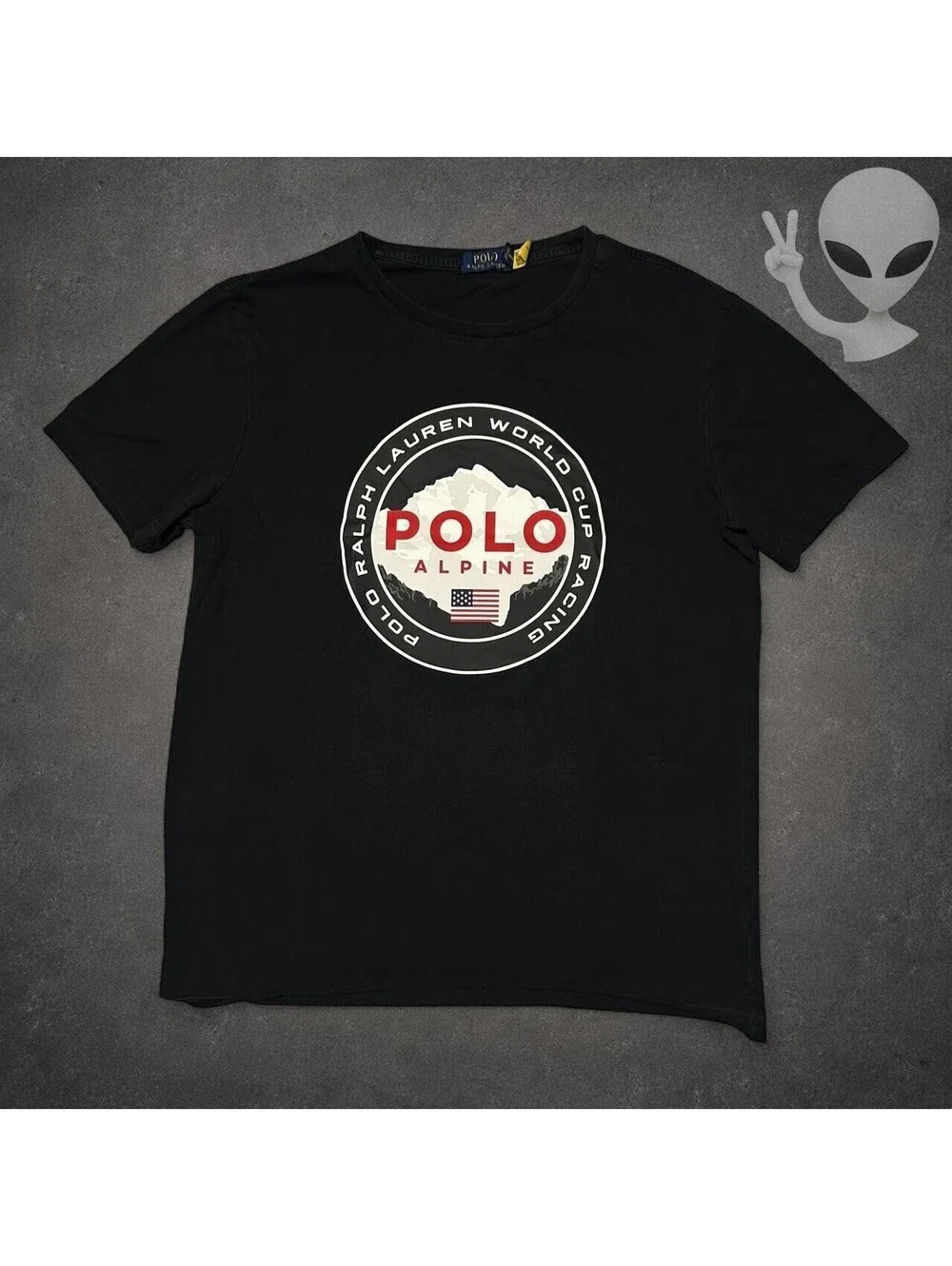 Polo Ralph Lauren Alpine World Cup Racing T-Shirt Mens US L Black Cotton